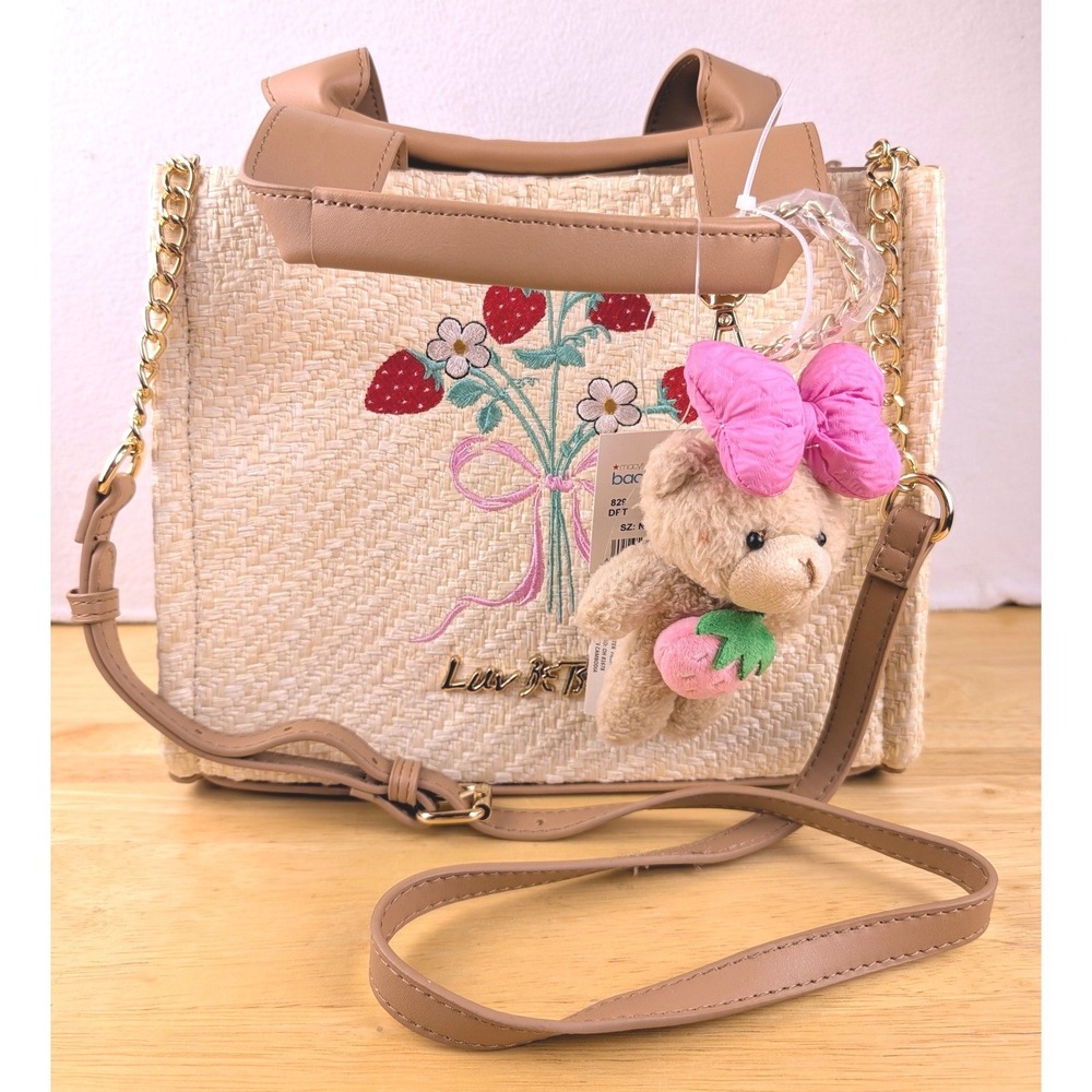 Luv Betsey by Betsey Johnson Straw Strawberry Tote Bag with Teddy Bear Charm NWT